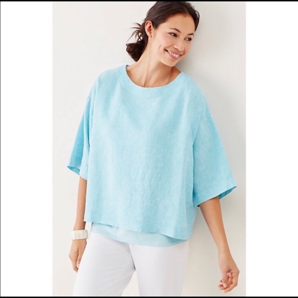 J. Jill PureJill 100% linen boxy cropped turquoise blue kimono top size large